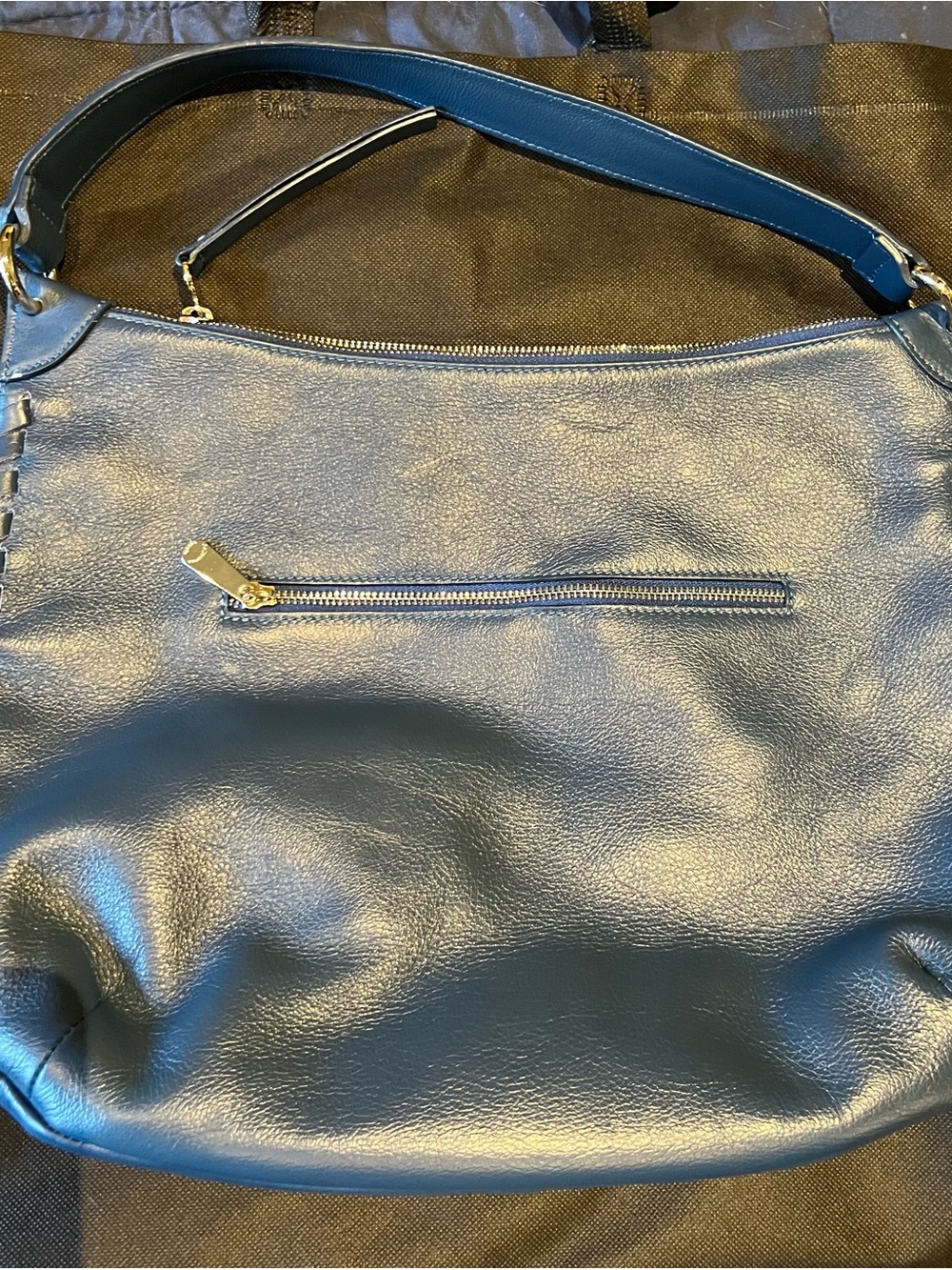 Venezia Navy Blue Leather Shoulder Bag with Front Zip